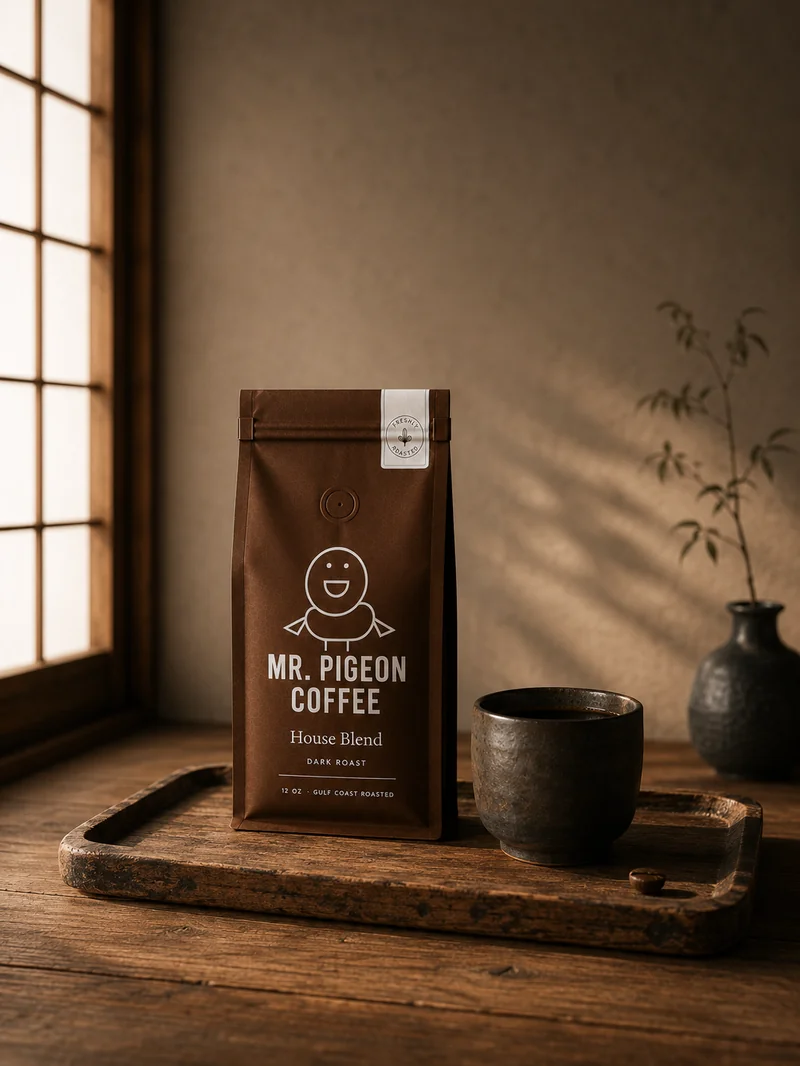 Mr. Pigeon Coffee House Blend light roast bag on hinoki wood tray with ceramic cup, Gulf Coast morning light