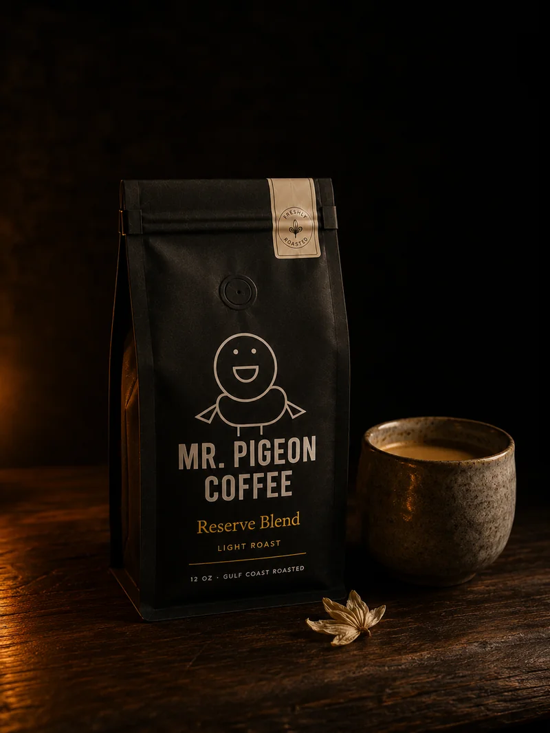 Mr. Pigeon Coffee Reserve Blend dark roast matte black bag with gold type and Japanese yunomi cup