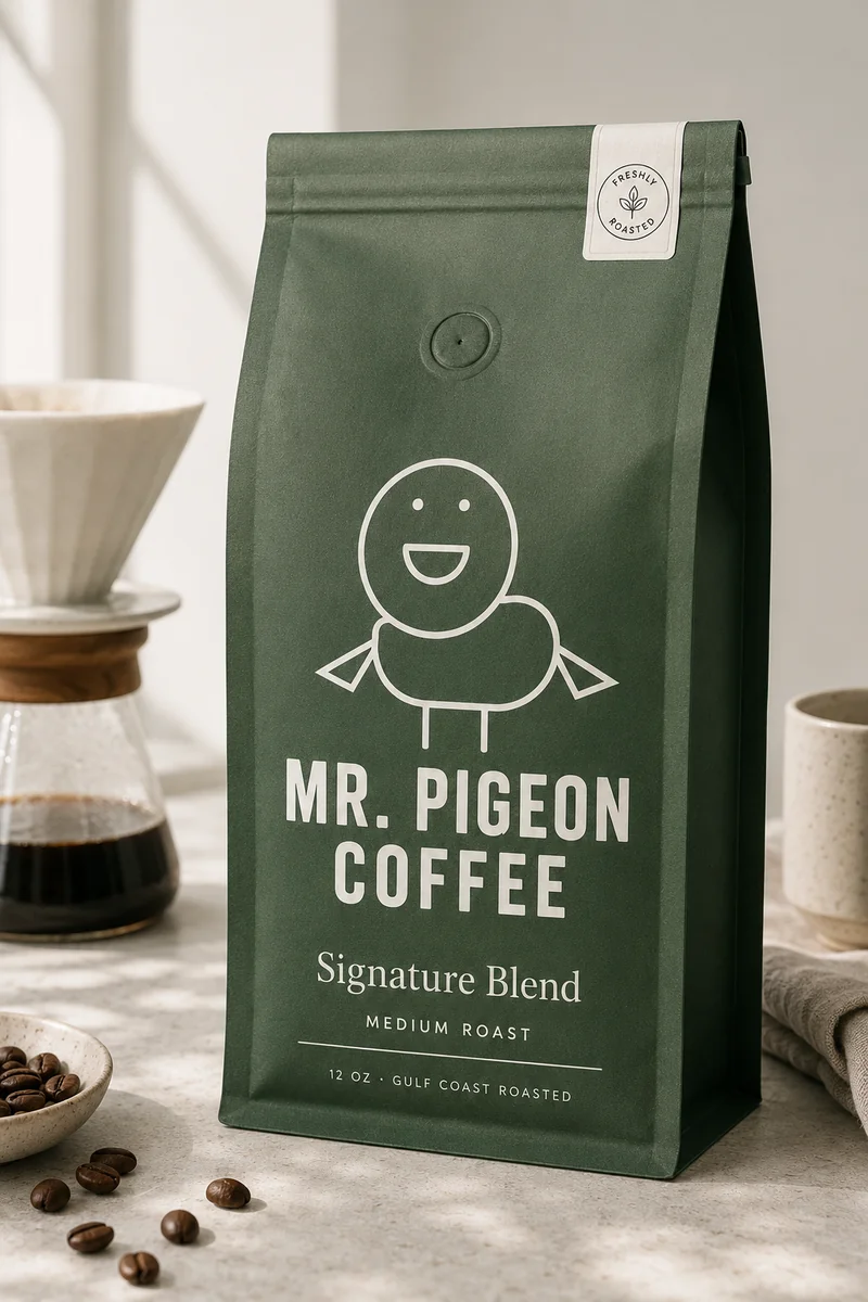 Mr. Pigeon Coffee Signature Blend medium roast forest green bag with Chemex pour-over