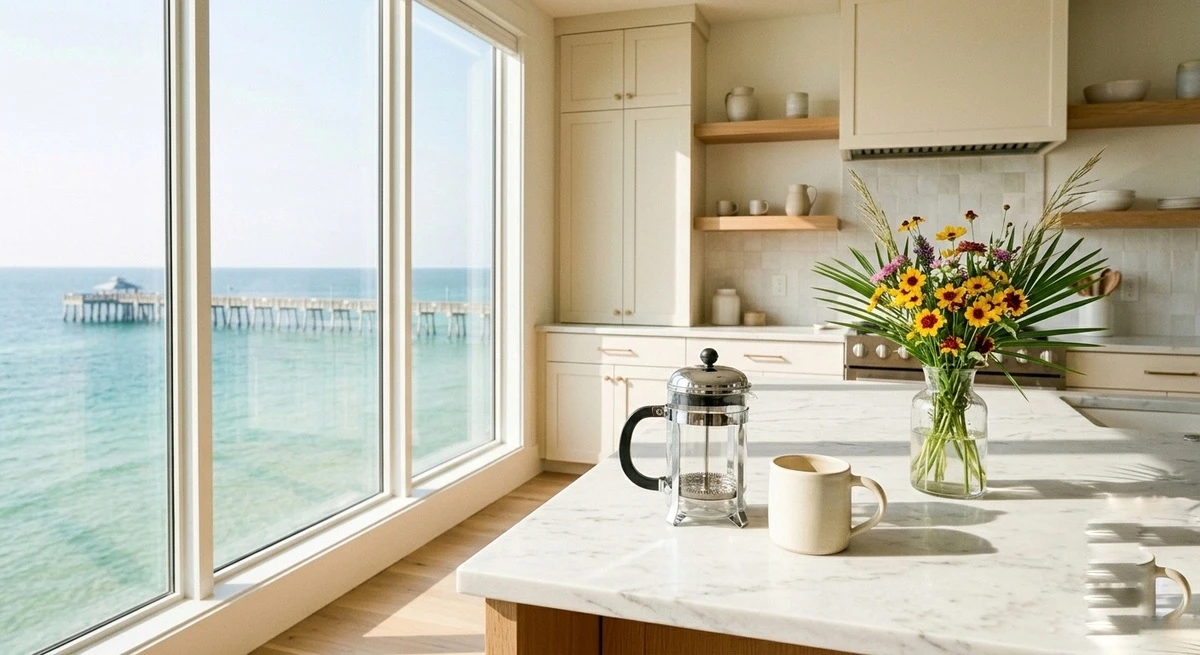 Coastal Airbnb kitchen with Mr. Pigeon Coffee